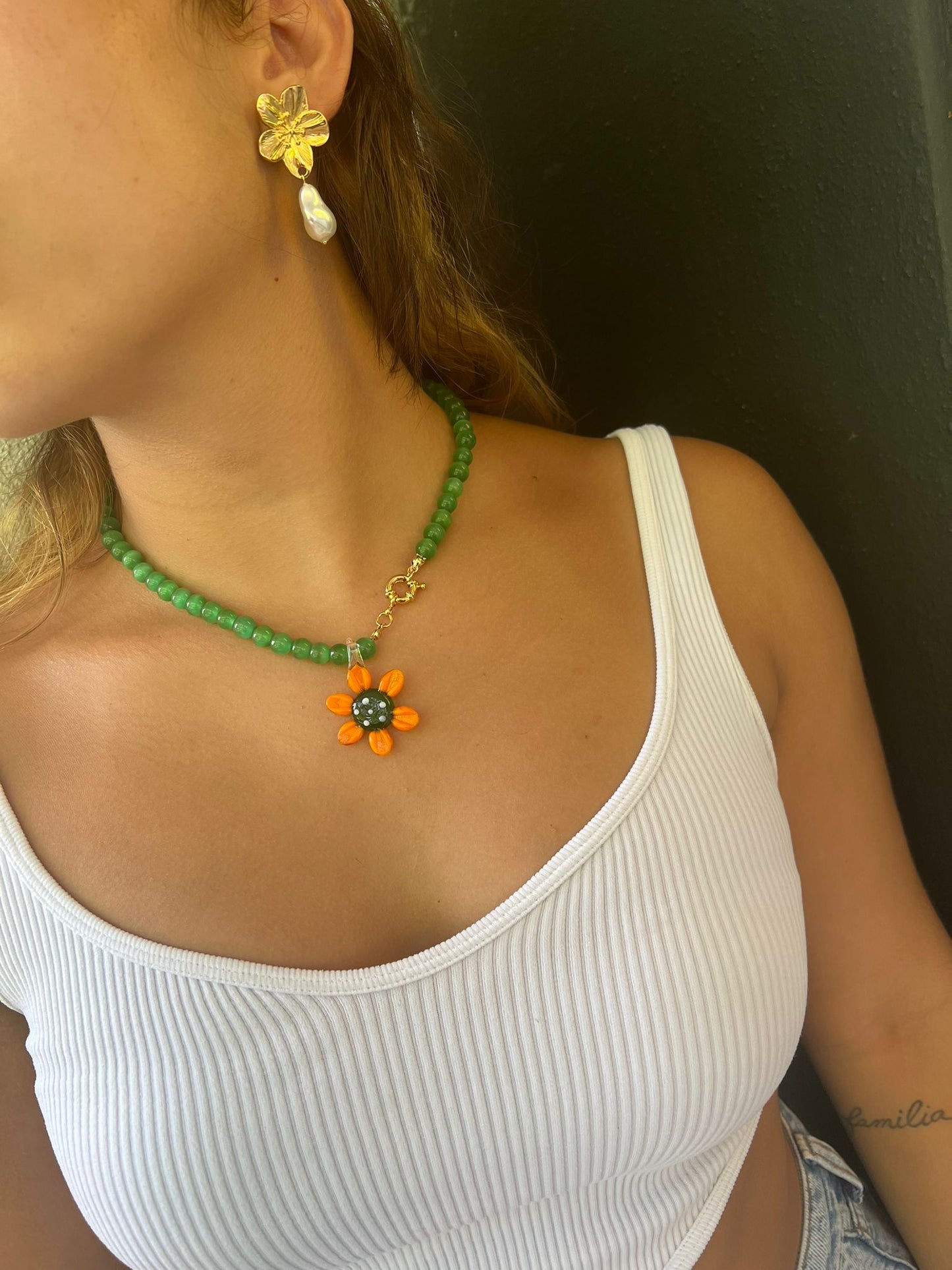 Handmade Green Sunflower Necklace